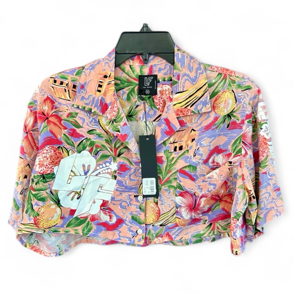 NWT LF THE BRAND Tropical Hawaiian Cropped Button Up Boxy Shirt Streetwear Sz XS